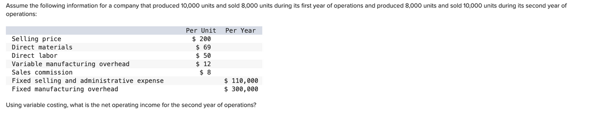 Assume the following information for a company that produced 10,000 units and sold 8,000 units during its first year of operations and produced 8,000 units and sold 10,000 units during its second year of
operations:
Selling price
Direct materials
Direct labor
Variable manufacturing overhead
Per Unit Per Year
$ 200
$69
$ 50
$12
$8
Sales commission
Fixed selling and administrative expense
Fixed manufacturing overhead
Using variable costing, what is the net operating income for the second year of operations?
$ 110,000
$ 300,000