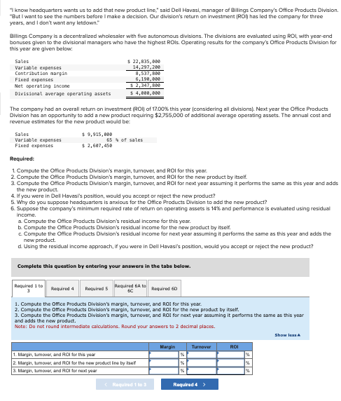 know headquarters wants us to add that new product line," said Dell Havasi, manager of Billings Company's Office Products Division.
"But I want to see the numbers before I make a decision. Our division's return on investment (ROI) has led the company for three
years, and I don't want any letdown."
Billings Company is a decentralized wholesaler with five autonomous divisions. The divisions are evaluated using ROL with year-end
bonuses given to the divisional managers who have the highest ROIS. Operating results for the company's Office Products Division for
this year are given below:
Sales
Variable expenses
Contribution margin
Fixed expenses
Net operating income
Divisional average operating assets
The company had an overall return on investment (ROI) of 17.00% this year (considering all divisions). Next year the Office Products
Division has an opportunity to add a new product requiring $2,755,000 of additional average operating assets. The annual cost and
revenue estimates for the new product would be:
$ 9,915,000
$ 2,607,450
Sales
Variable expenses
Fixed expenses
$ 22,835,000
14,297,200
8,537,600
6,190,000
$ 2,347,800
$4,000,000
65% of sales
Required:
1 Compute the Office Products Division's margin, turnover, and ROI for this year.
2. Compute the Office Products Division's margin, turnover, and ROI for the new product by itself.
3. Compute the Office Products Division's margin, turnover, and ROI for next year assuming it performs the same as this year and adds
the new product.
4. If you were in Dell Havasi's position, would you accept or reject the new product?
5. Why do you suppose headquarters is anxious for the Office Products Division to add the new product?
6. Suppose the company's minimum required rate of return on operating assets is 14% and performance is evaluated using residual
income.
a. Compute the Office Products Division's residual income for this year.
b. Compute the Office Products Division's residual income for the new product by itself.
c. Compute the Office Products Division's residual income for next year assuming it performs the same as this year and adds the
new product.
d. Using the residual income approach, if you were in Dell Havasi's position, would you accept or reject the new product?
Required 1 to
Complete this question by entering your answers in the tabs below.
Required 4 Required 5
Required 6A to Required 60
6C
1. Compute the Office Products Division's margin, turnover, and ROI for this year.
2. Compute the Office Products Division's margin, turnover, and ROI for the new product by itself.
3. Compute the Office Products Division's margin, turnover, and ROI for next year assuming it performs the same as this year
and adds the new product.
Note: Do not round intermediate calculations. Round your answers to 2 decimal places.
1. Margin, tumover, and ROI for this year
2. Margin, tumover, and ROI for the new product line by itself
3. Margin, tumover, and ROI for next year
Required 1 to 3
Margin
Turnover
Required 4 >
ROI
Show less A