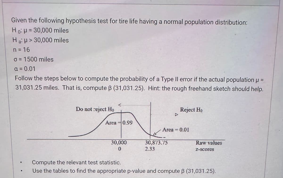 Given the following hypothesis test for tire life having a normal population distribution:
H : u = 30,000 miles
Ha > 30,000 miles
n = 16
σ = 1500 miles
a = 0.01
=
Follow the steps below to compute the probability of a Type II error if the actual population µ =
31,031.25 miles. That is, compute ẞ (31,031.25). Hint: the rough freehand sketch should help.
4
Do not reject Ho
Area 0.99
A
Reject Ho
Area = 0.01
30,000
0
30,873.75
2.33
Raw values
Z-scores
Compute the relevant test statistic.
Use the tables to find the appropriate p-value and compute ẞ (31,031.25).