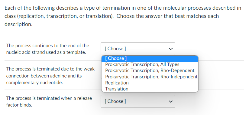 **Termination of Molecular Processes Quiz**

Each of the following describes a type of termination in one of the molecular processes described in class (replication, transcription, or translation). Choose the answer that best matches each description.

**Question 1:**
*The process continues to the end of the nucleic acid strand used as a template.*
- [ Choose ] 
  - Prokaryotic Transcription, All Types
  - Prokaryotic Transcription, Rho-Dependent
  - Prokaryotic Transcription, Rho-Independent
  - Replication
  - Translation

**Question 2:**
*The process is terminated due to the weak connection between adenine and its complementary nucleotide.*
- [ Choose ] 
  - Prokaryotic Transcription, All Types
  - Prokaryotic Transcription, Rho-Dependent
  - Prokaryotic Transcription, Rho-Independent
  - Replication
  - Translation

**Question 3:**
*The process is terminated when a release factor binds.*
- [ Choose ] 
  - Prokaryotic Transcription, All Types
  - Prokaryotic Transcription, Rho-Dependent
  - Prokaryotic Transcription, Rho-Independent
  - Replication
  - Translation

Note: Use the drop-down menus to select the correct answer for each description. The potential answer choices are:
- Prokaryotic Transcription, All Types
- Prokaryotic Transcription, Rho-Dependent
- Prokaryotic Transcription, Rho-Independent
- Replication
- Translation