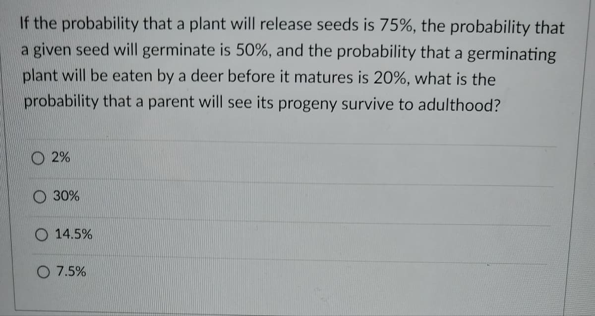 If the probability that a plant will release seeds is 75%, the probability that
a given seed will germinate is 50%, and the probability that a germinating
plant will be eaten by a deer before it matures is 20%, what is the
probability that a parent will see its progeny survive to adulthood?
2%
30%
14.5%
7.5%