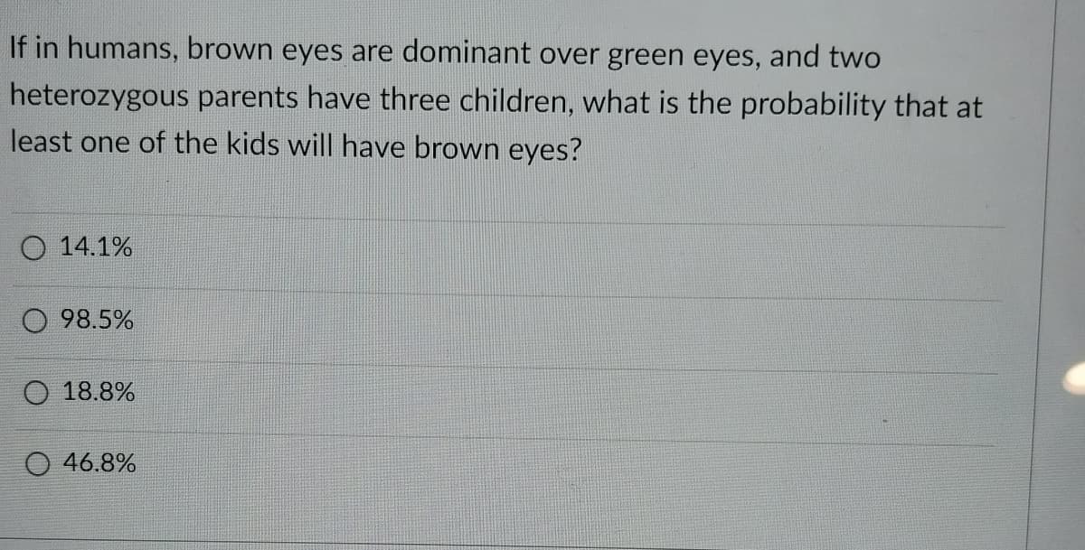 If in humans, brown eyes are dominant over green eyes, and two
heterozygous parents have three children, what is the probability that at
least one of the kids will have brown eyes?
O 14.1%
98.5%
18.8%
O 46.8%