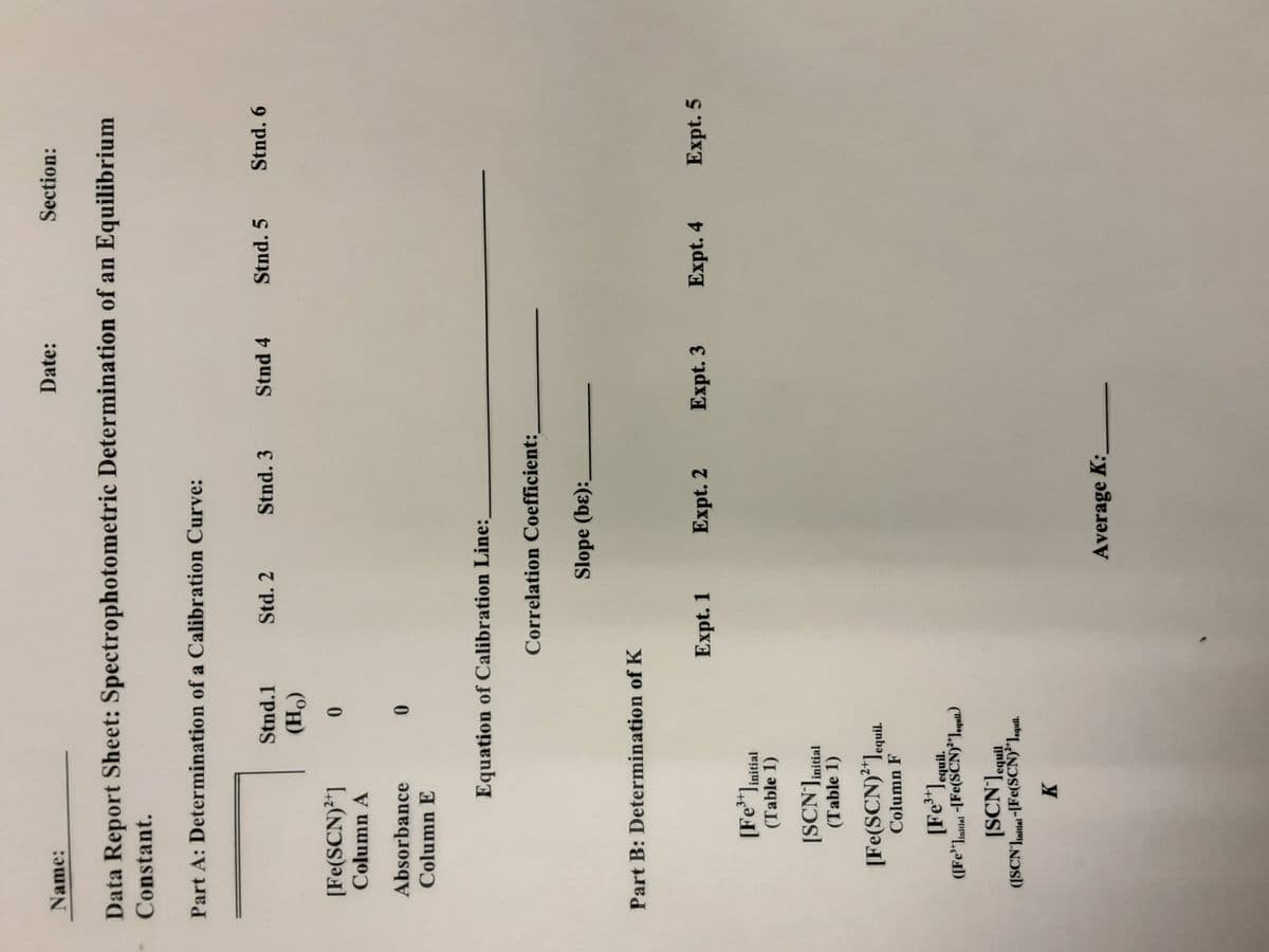 Name:
Date:
Section:
Data Report Sheet: Spectrophotometric Determination of an Equilibrium
Constant.
Part A: Determination of a Calibration Curve:
Stnd.1
Std. 2
Stnd. 3
Stnd 4
Stnd. 5
Stnd. 6
(CH)
[Fe(SCN)*]
Column A
Absorbance
Column E
Equation of Calibration Line:
Correlation Coefficient:
Slope (bɛ):
Part B: Determination of K
Expt. 1
Expt. 2
Expt. 3
Expt. 4
Expt. 5
(Fe"linitial
(Table 1)
[SCNJinitial
(Table 1)
[Fe(SCN)**]eqi.
Tịnbə
Column F
[Fe"lequil.
([Fe"Imital -[Fe(SCN)**I«qull.)
[SCNleguil
[SCN'],
(ISCN']initial "[Fe(SCN)*"lequil.
K
Average K:
