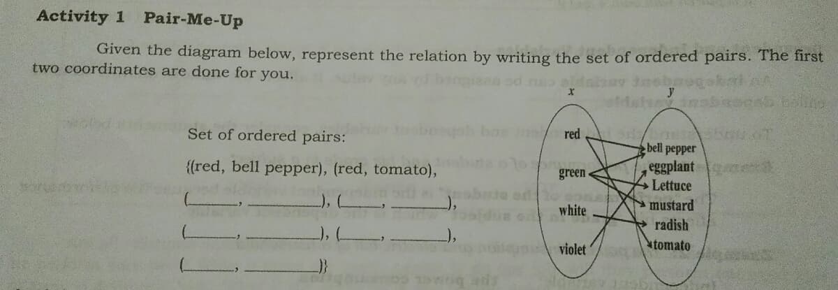 Activity 1 Pair-Me-Up
Given the diagram below, represent the relation by writing the set of ordered pairs. The first
two coordinates are done for you.
Set of ordered pairs:
red
bell pepper
{{red, bell pepper), (red, tomato),
Tosom
green
eggplant
Lettuce
mustard
+ radish
o white
violet
tomato
wog atis
