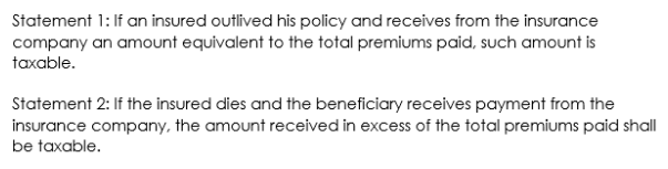 Statement 1:If an insured outlived his policy and receives from the insurance
company an amount equivalent to the total premiums paid, such amount is
taxable.
Statement 2: If the insured dies and the beneficiary receives payment from the
insurance company, the amount received in excess of the total premiums paid shall
be taxable.
