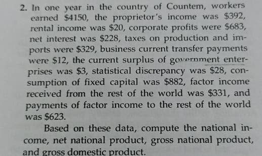 2. In one year in the country of Countem, workers
earned $4150, the proprietor's income was $392,
rental income was $20, corporate profits were $683,
net interest was $228, taxes on production and im-
ports were $329, business current transfer payments
were $12, the current surplus of government enter-
prises was $3, statistical discrepancy was $28, con-
sumption of fixed capital was $882, factor income
received from the rest of the world was $331, and
payments of factor income to the rest of the world
was $623.
Based on these data, compute the national in-
come, net national product, gross national product,
and gross domestic product.