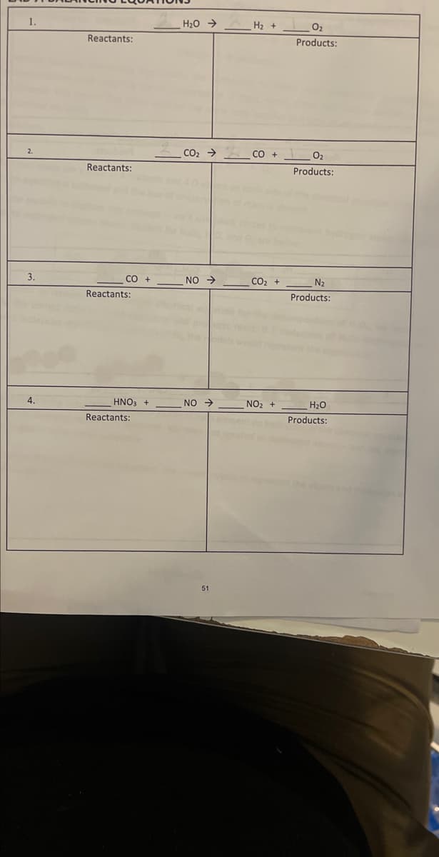 ## Balancing Equations

This worksheet focuses on balancing chemical equations. Below are several incomplete chemical equations for you to balance. Fill in the blanks to ensure that the number of atoms for each element on the reactant side is equal to the number on the product side.

1.
\[ \_\_ \, \text{H}_2\text{O} \rightarrow \_\_ \, \text{H}_2 + \_\_ \, \text{O}_2 \]
- **Reactants:**
- **Products:**

2.
\[ 2 \, \text{CO}_2 \rightarrow \_\_ \, \text{CO} + \_\_ \, \text{O}_2 \]
- **Reactants:**
- **Products:**

3.
\[ \_\_ \, \text{CO} + \_\_ \, \text{NO} \rightarrow \_\_ \, \text{CO}_2 + \_\_ \, \text{N}_2 \]
- **Reactants:**
- **Products:**

4.
\[ \_\_ \, \text{HNO}_3 + \_\_ \, \text{NO} \rightarrow \_\_ \, \text{NO}_2 + \_\_ \, \text{H}_2\text{O} \]
- **Reactants:**
- **Products:**

This worksheet is designed to help students practice balancing chemical equations, a fundamental skill in chemistry to understand the conservation of mass. 

*Note: Where the reactants and products sections are left blank, you should list the species present in each part of the equation once you have balanced it.*