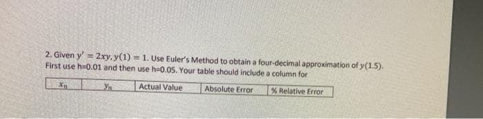 2. Given y' = 2xy, y(1) = 1. Use Euler's Method to obtain a four-decimal approximation of y(1.5).
First use h=0.01 and then use h=0.05. Your table should include a column for
%3D
Yn
Actual Value
Absolute Error
% Relative Error
