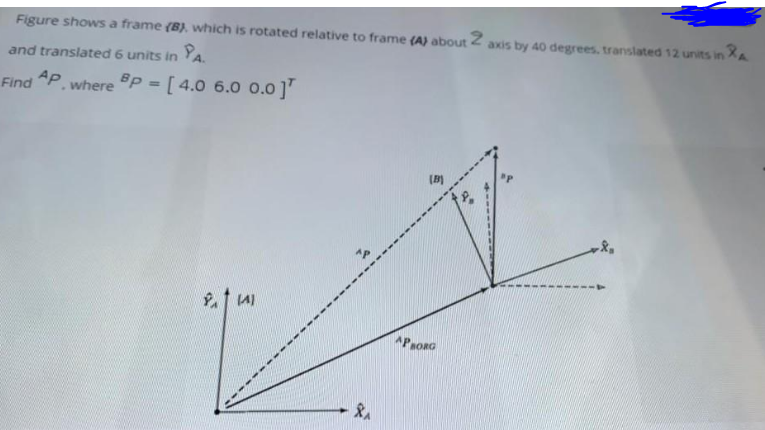 Figure shows a frame (8), which is rotated relative to frame (A) about 2
axis by 40 degrees. translated 12 units in XA
PA.
and translated 6 units in
Ap
Bp = [ 4.0 6.0 0.0]
%3D
Find
where
(B)
APRORG
