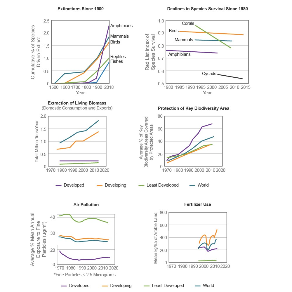 Extinctions Since 1500
Declines in Species Survival Since 1980
2.5
1.0
Corals
Amphibians
Birds.
2.0
0.9
Mammals
Mammals
Birds
1.5
0.8
Reptiles
Fishes
Amphibians
0.7
1.0
0,5
0.6
Сусads
1500 1600 1700 1800 1900 2018
0.5
1980 1985 1990 1995 2000 2005 2010 2015
Year
Year
Extraction of Living Biomass
(Domestic Consumption and Exports)
Protection of Key Biodiversity Area
2.0
80
1.5
60
6 1.0
0.5
1970 1980 1990 2000 2010 2020
1970 1980 1990 2000 2010 2020
- Developed
Developing
- Least Developed
- World
Air Pollution
Fertilizer Use
800
40
600
30
400
200
1970 1980 1990 2000 2010 2020
1970 1980 1990 2000 20102020
*Fine Particles <2.5 Micrograms
- Developed
Developing
Least Developed
- World
Average % Mean Annual
Exposure to Fine
Particles (ug/m)
Cumulative % of Species
Driven Extinct
Total Million Tons/Year
Average % of Key
Biodiversity Areas Covered
Red List Index of
Species Survival
by Protected Areas
Mean kg/ha of Arable Land
