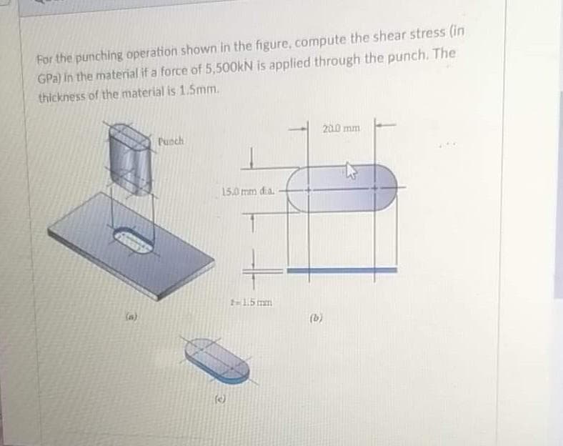 For the punching operation shown in the figure, compute the shear stress (in
GPa) in the material if a force of 5,500KN is applied through the punch. The
thickness of the material is 1.5mm.
200 mm
Punch
15.0 mm dia.
t-15 mm
(a)
(b)
