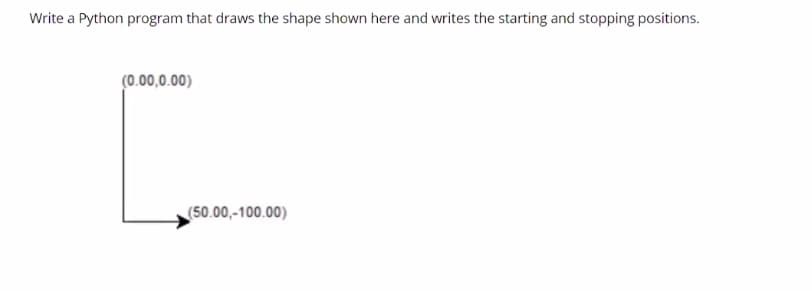 Write a Python program that draws the shape shown here and writes the starting and stopping positions.
(0.00,0.00)
(50.00,-100.00)
