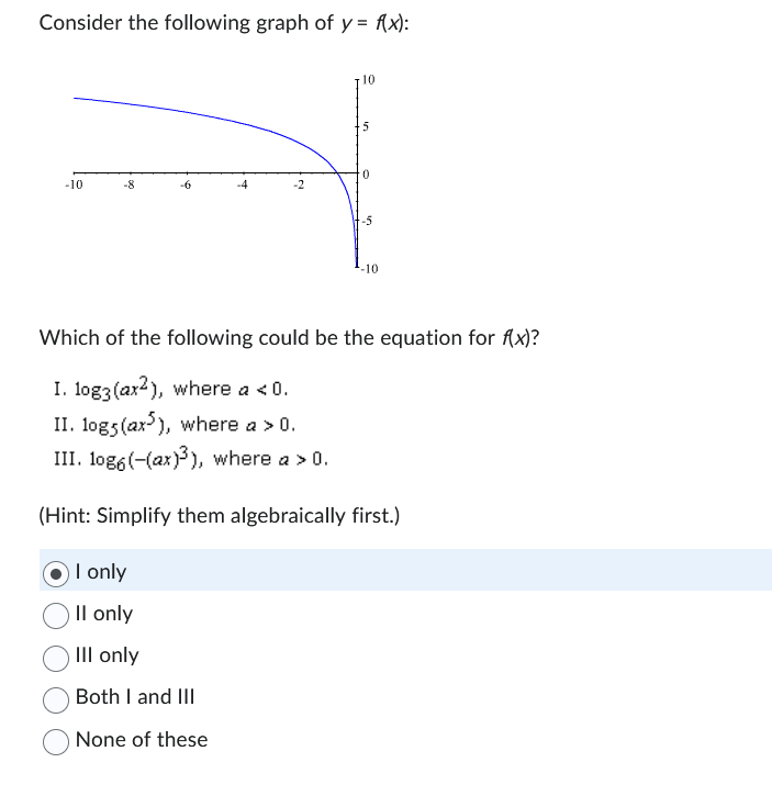 Consider the following graph of y = f(x):
-10
-8
-4
-2
10
0
-10
Which of the following could be the equation for f(x)?
I. log3 (ax2), where a < 0.
II. logs (ax5), where a > 0.
III. log6(-(ax)³), where a > 0.
(Hint: Simplify them algebraically first.)
I only
II only
III only
Both I and III
None of these