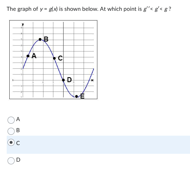 ### Understanding Critical Points in Calculus

In the study of calculus, it is crucial to understand the behavior of a function and its derivatives. Given the function y = g(x) as shown in the graph, you can determine several key properties about the function's rate of change and concavity by analyzing the function and its critical points.

The graphed function y = g(x) presents us with several points of interest, denoted A, B, C, D, and E.

**Problem:** 
At which point is \( g'' < g' < g \)?

#### Graph Analysis:

1. **Points on the Graph:**
   - **A:** A point where the function appears to be increasing.
   - **B:** A local maximum where the derivative \( g'(x) \) is zero.
   - **C:** A point where the function is decreasing after the local maximum.
   - **D:** Likely a point close to the inflection point where the concavity changes.
   - **E:** A local minimum where again the derivative \( g'(x) \) is zero.

2. **Derivative and Concavity:**
   - **First Derivative \( g'(x) \):** Denotes the rate of change (slope) of the function. When positive, the function is increasing; when negative, it is decreasing.
   - **Second Derivative \( g''(x) \):** Denotes the concavity of the function. When positive, the graph is concave up; when negative, it is concave down.

#### Points Analysis:

- At **Point C**, the graph of the function is decreasing, indicating that \( g'(x) < 0 \). It is also concave down at this point, which means \( g''(x) < 0 \). Finally, since we are analyzing near a peak, \( g(x) \) still holds the greatest value among the first and second derivatives.

Thus, **Point C** is where \( g'' < g' < g \) holds true.

#### Conclusion

The proper analysis of this function \( y = g(x) \) reveals that point C is the correct answer where \( g'' < g' < g \). Understanding such relationships between the function and its derivatives is fundamental in calculus, particularly for analyzing and interpreting the behavior of graphs.

**Answer:**
C