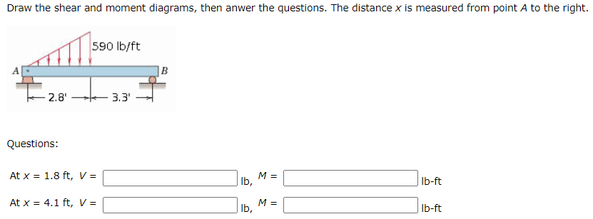 Draw the shear and moment diagrams, then anwer the questions. The distance x is measured from point A to the right.
590 Ib/ft
|B
2.8'
3.3'
Questions:
At x = 1.8 ft, V =
M =
Ib,
Ib-ft
At x = 4.1 ft, V =
M =
Ib,
Ib-ft
