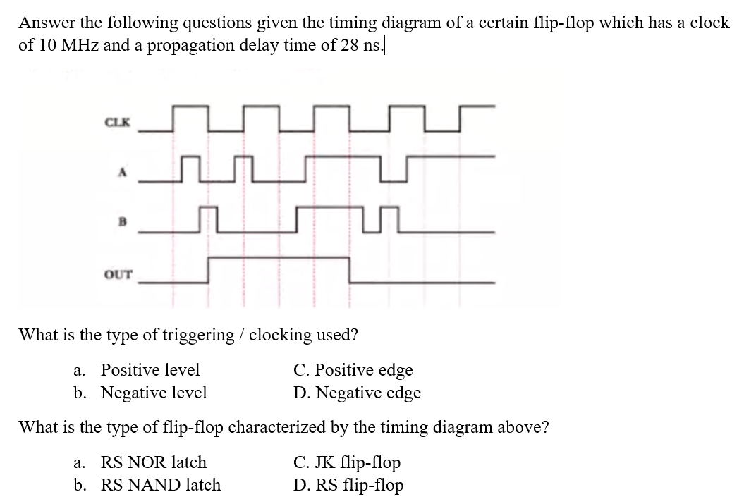 Answer the following questions given the timing diagram of a certain flip-flop which has a clock
of 10 MHz and a propagation delay time of 28 ns.
CLK
OUT
What is the type of triggering / clocking used?
C. Positive edge
D. Negative edge
a. Positive level
b. Negative level
What is the type of flip-flop characterized by the timing diagram above?
C. JK flip-flop
D. RS flip-flop
a. RS NOR latch
b. RS NAND latch
