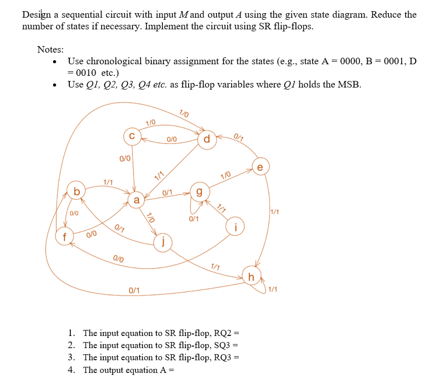 Design a sequential circuit with input M and output A using the given state diagram. Reduce the
number of states if necessary. Implement the circuit using SR flip-flops.
Notes:
Use chronological binary assignment for the states (e.g., state A = 0000, B = 0001, D
= 0010 etc.)
Use Q1, Q2, Q3, Q4 etc. as flip-flop variables where Q1 holds the MSB.
1/0
1/0
0/1
0/0
d.
0/0
e
1/0
1/1
1/1
b
0/1
a
1/1
1/1
0/0
0/1
0/1
f
0/0
0/0
1/1
h
1/1
0/1
1. The input equation to SR flip-flop, RQ2 =
2. The input equation to SR flip-flop, SQ3 =
3. The input equation to SR flip-flop, RQ3 =
4. The output equation A =
1/0
