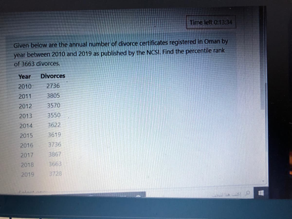 Time left 0:13B34
Given below are the annual number of divorce certificates registered in Oman by
year between 2010 and 2019 as published by the NCSI. Find the percentile rank
of 3663 divorces.
Year
Divorces
2010
2736
2011
3805
2012
3570
2013
3550
2014
3622
2015
3619
2016
3736
2017
3867
2018
3663
2019
3728
Colest
