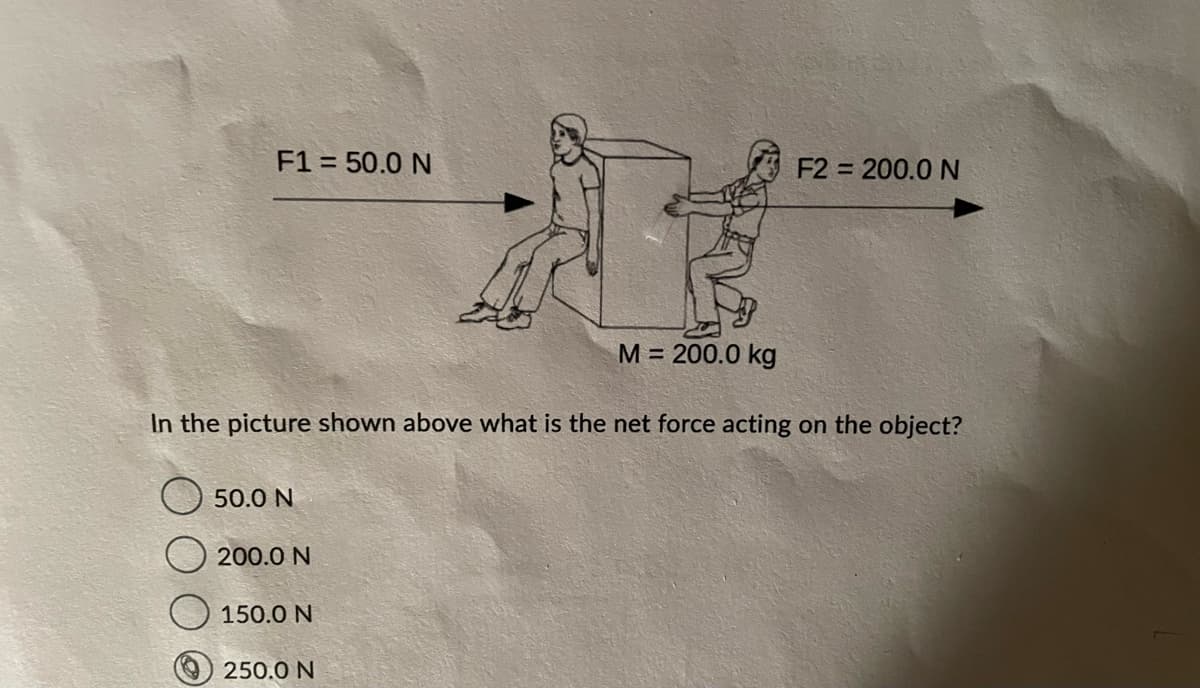 F1 = 50.0 N
50.0 N
In the picture shown above what is the net force acting on the object?
200.0 N
150.0 N
M = 200.0 kg
250.0 N
F2 = 200.0 N