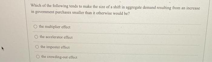 Which of the following tends to make the size of a shift in aggregate demand resulting from an increase
in government purchases smaller than it otherwise would be?
the multiplier effect
the accelerator effect
the imposter effect
O the crowding-out effect.