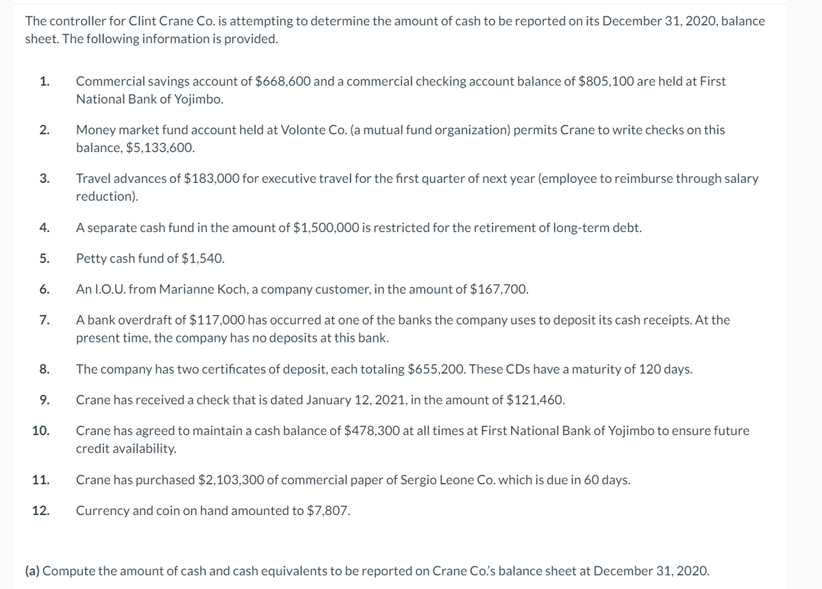 The controller for Clint Crane Co. is attempting to determine the amount of cash to be reported on its December 31, 2020, balance
sheet. The following information is provided.
1.
2.
3.
4.
5.
6.
7.
8.
9.
10.
11.
12.
Commercial savings account of $668,600 and a commercial checking account balance of $805,100 are held at First
National Bank of Yojimbo.
Money market fund account held at Volonte Co. (a mutual fund organization) permits Crane to write checks on this
balance, $5,133,600.
Travel advances of $183,000 for executive travel for the first quarter of next year (employee to reimburse through salary
reduction).
A separate cash fund in the amount of $1,500,000 is restricted for the retirement of long-term debt.
Petty cash fund of $1,540.
An I.O.U. from Marianne Koch, a company customer, in the amount of $167,700.
A bank overdraft of $117,000 has occurred at one of the banks the company uses to deposit its cash receipts. At the
present time, the company has no deposits at this bank.
The company has two certificates of deposit, each totaling $655,200. These CDs have a maturity of 120 days.
Crane has received a check that is dated January 12, 2021, in the amount of $121,460.
Crane has agreed to maintain a cash balance of $478,300 at all times at First National Bank of Yojimbo to ensure future
credit availability.
Crane has purchased $2,103,300 of commercial paper of Sergio Leone Co. which is due in 60 days.
Currency and coin on hand amounted to $7,807.
(a) Compute the amount of cash and cash equivalents to be reported on Crane Co.'s balance sheet at December 31, 2020.