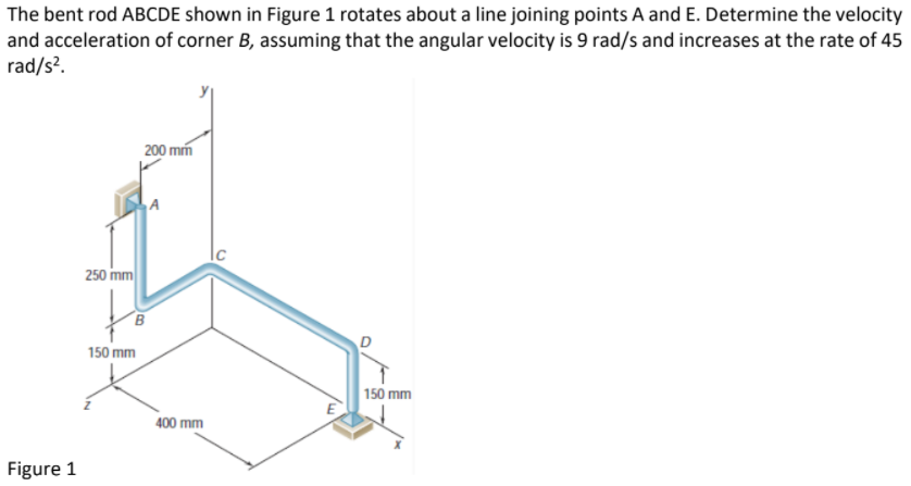 The bent rod ABCDE shown in Figure 1 rotates about a line joining points A and E. Determine the velocity
and acceleration of corner B, assuming that the angular velocity is 9 rad/s and increases at the rate of 45
rad/s?.
200 mm
250 mm
150 mm
150 mm
400 mm
Figure 1
