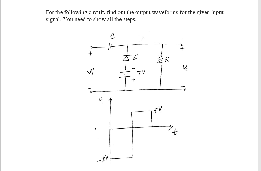 For the following circuit, find out the output waveforms for the given input
signal. You need to show all the steps.
ナ
vi
Vo
マV
5V
