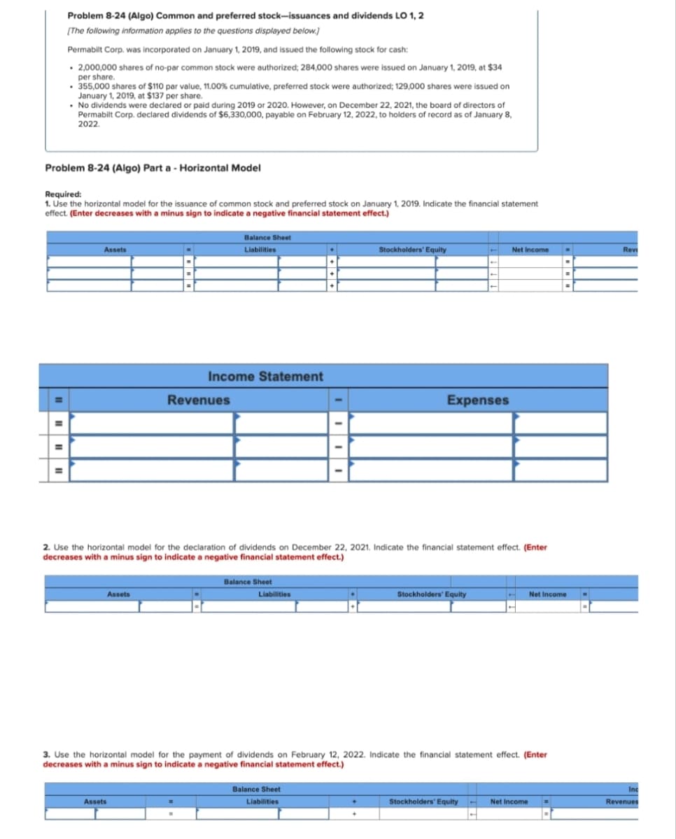 Problem 8-24 (Algo) Common and preferred stock-issuances and dividends LO 1, 2
[The following information applies to the questions displayed below.)
Permabilt Corp. was incorporated on January 1, 2019, and issued the following stock for cash:
• 2,000,000 shares of no-par common stock were authorized; 284,000 shares were issued on January 1, 2019, at $34
• 355,000 shares of $110 par value, 11.00% cumulative, preferred stock were authorized; 129,000 shares were issued on
per share.
January 1, 2019, at $137 per share.
• No dividends were declared or paid during 2019 or 2020. However, on December 22, 2021, the board of directors of
Permabilt Corp. declared dividends of $6,330,000, payable on February 12, 2022, to holders of record as of January 8,
2022.
Problem 8-24 (Algo) Part a - Horizontal Model
Required:
1. Use the horizontal model for the issuance of common stock and preferred stock on January 1, 2019. Indicate the financial statement
effect. (Enter decreases with a minus sign to indicate a negative financial statement effect.)
Balance Sheet
Liabilities
Stockholders' Equity
Net Income
Assets
Rev
Income Statement
Revenues
Expenses
%3D
%3D
2. Use the horizontal model for the declaration of dividends on December 22, 2021. Indicate the financial statement effect. (Enter
decreases with a minus sign to indicate a negative financial statement effect.)
Balance Sheet
Assets
Liabilities
Stockholders' Equity
Net Income
3. Use the horizontal model for the payment of dividends on February 12, 2022. Indicate the financial statement effect. (Enter
decreases with a minus sign to indicate a negative financial statement effect.)
Balance Sheet
Inc
Assets
Liabilities
Stockholders' Equity
Net Income
Revenues
