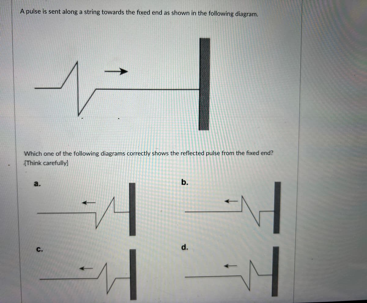 A pulse is sent along a string towards the fixed end as shown in the following diagram.
Which one of the following diagrams correctly shows the reflected pulse from the fixed end?
(Think carefully]
b.
a.
d.
C.
1.
