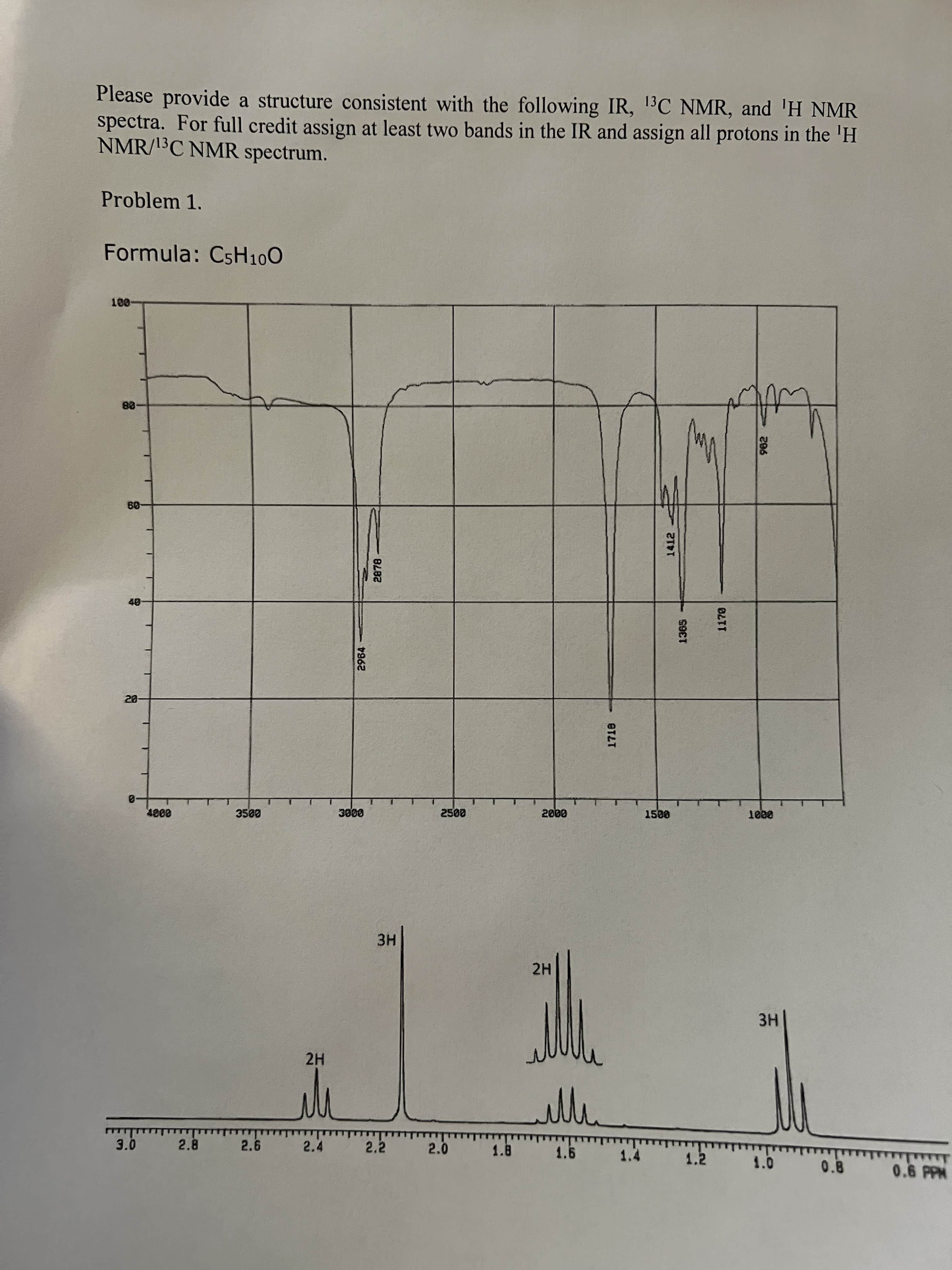 2964
ーSOCT
1170
296
Please provide a structure consistent with the following IR, 13C NMR, and 'H NMR
spectra. For full credit assign at least two bands in the IR and assign all protons in the 'H
NMR/13C NMR spectrum.
Problem 1.
Formula: CSH100
00-
09
20-
1.4 1.2
with
0.6 PPM
3.0
2.8
2.6
2.4
2.0
1.8
1.6
0.8
