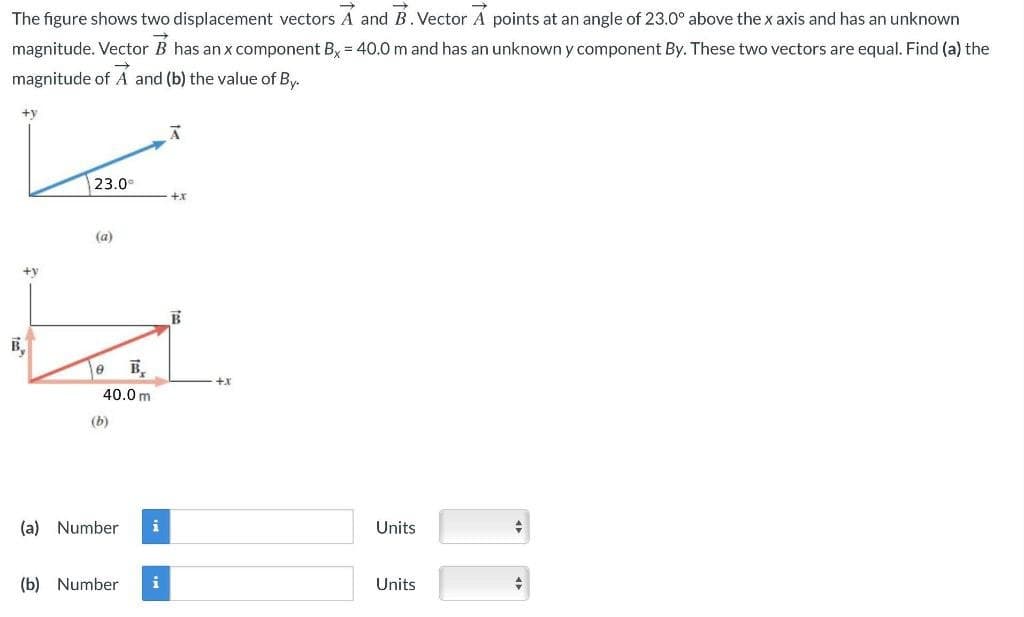 The figure shows two displacement vectors A and B. Vector A points at an angle of 23.0° above the x axis and has an unknown
magnitude. Vector B has an x component Bx = 40.0 m and has an unknown y component By. These two vectors are equal. Find (a) the
magnitude of A and (b) the value of By.
+V
+V
B₂
23.0°
(a)
B₂
40.0 m
8
(b)
(a) Number i
(b) Number i
+x
+x
Units
Units
+
+