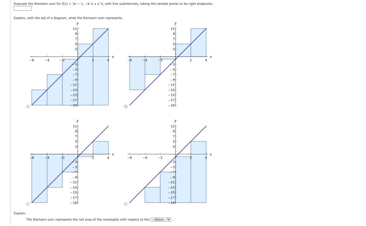 Evaluate the Riemann sum for f(x) = 3x - 1, -6 sxS 4, with five subintervals, taking the sample points to be right endpoints.
Explain, with the aid of a diagram, what the Riemann sum represents.
y
11
11
9
9
7
7
5
3
3
-6
-4
-6
-4
2
4
23
-5
-5
-7
-7
-9
-9
-11
-11
-13
-13
-15
-15
-17
-17
19
-19F
y
y
11
9
11
9
7
7
5
5
3
3
-6
-4
-2
3
3
-5
-5
-7-
-9
-9
-11
-11
-13
-13
-15
-17
-19
-15
-17
-19t
Explain.
The Riemann sum represents the net area of the rectangles with respect to the -Select--v
