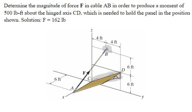 Determine the magnitude of force F in cable AB in order to produce a moment of
500 lb-ft about the hinged axis CD, which is needed to hold the panel in the position
shown. Solution: F = 162 lb
4 ft
4 ft
6 ft
FA
6 ft
6 ft
