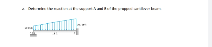 2. Determine the reaction at the support A and B of the propped cantilever beam.
300 Ib/ft
120 Ib/ft
1S ft
