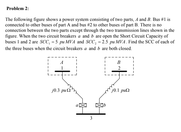 Problem 2:
The following figure shows a power system consisting of two parts, A and B. Bus #1 is
connected to other buses of part A and bus #2 to other buses of part B. There is no
connection between the two parts except through the two transmission lines shown in the
figure. When the two circuit breakers a and b are open the Short Circuit Capacity of
buses 1 and 2 are SCC, = 5 pu MVA and SCC, = 2.5 pu MVA. Find the SCC of each of
the three buses when the circuit breakers a and b are both closed.
A
B
2
j0.3 pu2'
`j0.1 puN
a
3
en
