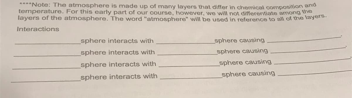 ****Note: The atmosphere is made up of many layers that differ in chemical composition and
temperature. For this early part of our course, however, we will not differentiate among the
layers of the atmosphere. The word "atmosphere" will be used in reference to all of the layers.
Interactions
sphere interacts with
_sphere interacts with
_sphere interacts with
_sphere interacts with
sphere causing
sphere causing
sphere causing
sphere causing