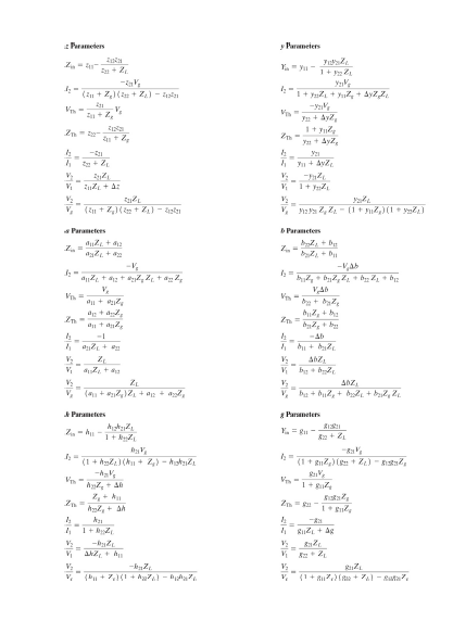 Prameders
y Parmeiers
1+ Z
I+ yZ + Yu, + Ay2,2.
-Yz
Yu + Ay,
(In + Z,1( + Z) - l
V,
Yu + Ay,
a Parameters
Parameters
-V,ah
Zn
-1
Ab
V;
V, ba + bu2, + b + , 24.
Parametees
Parameters
Z.- hu-
Y. = Ru-
Ra + Z1
(1 + hal)(h + Z,) - hiskizi
一
%3D
4 RuZL + Ag
(Pu + 711 + Al - PA.
(1+ Ru7(e + 7al - Rata.
