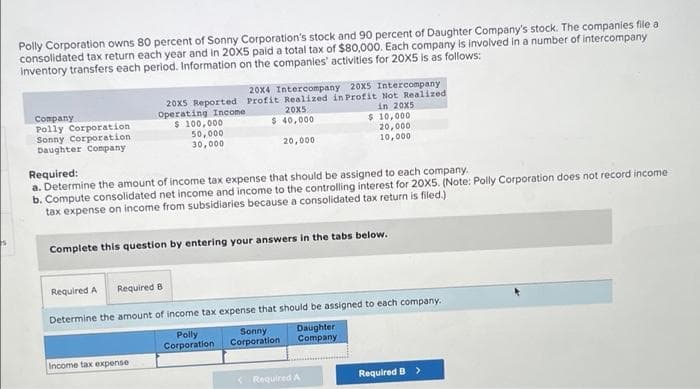 5
Polly Corporation owns 80 percent of Sonny Corporation's stock and 90 percent of Daughter Company's stock. The companies file a
consolidated tax return each year and in 20X5 paid a total tax of $80,000. Each company is involved in a number of intercompany
Inventory transfers each period. Information on the companies' activities for 20X5 is as follows:
Company
Polly Corporation.
Sonny Corporation.
Daughter Company
20x4 Intercompany 20x5 Intercompany
20x5 Reported Profit Realized in Profit Not Realized
20x5
Operating Income
$ 100,000
in 20x5
$
40,000
50,000
30,000
20,000
Required:
a. Determine the amount of income tax expense that should be assigned to each company.
b. Compute consolidated net income and income to the controlling interest for 20X5. (Note: Polly Corporation does not record income
tax expense on income from subsidiaries because a consolidated tax return is filed.)
Complete this question by entering your answers in the tabs below.
Income tax expense
Required A
Required B
Determine the amount of income tax expense that should be assigned to each company.
Daughter
Company
Polly
Corporation
$ 10,000
20,000
10,000
Sonny
Corporation
< Required A
Required B >