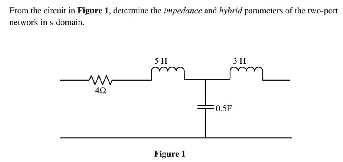 From the circuit in Figure 1, determine the impedance and hybrid parameters of the two-port
network in s-domain.
5 H
3 H
0.5F
Figure 1
