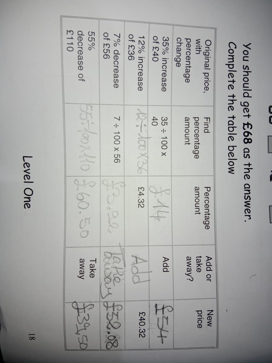 You should get £68 as the answer.
Complete the table below
New
Original price,
with
Find
Percentage
Add or
take
price
percentage
amount
amount
away?
percentage
change
35% increase
of £40
S14
오드나
35 ÷ 100 x
Add
40
12% increase
of £36
Add
£4.32
£40.32
Take
usay 152.08
7% decrease
7÷ 100 x 56
of £56
55%
Take
decrease of
£110
50
away
Level One
18
