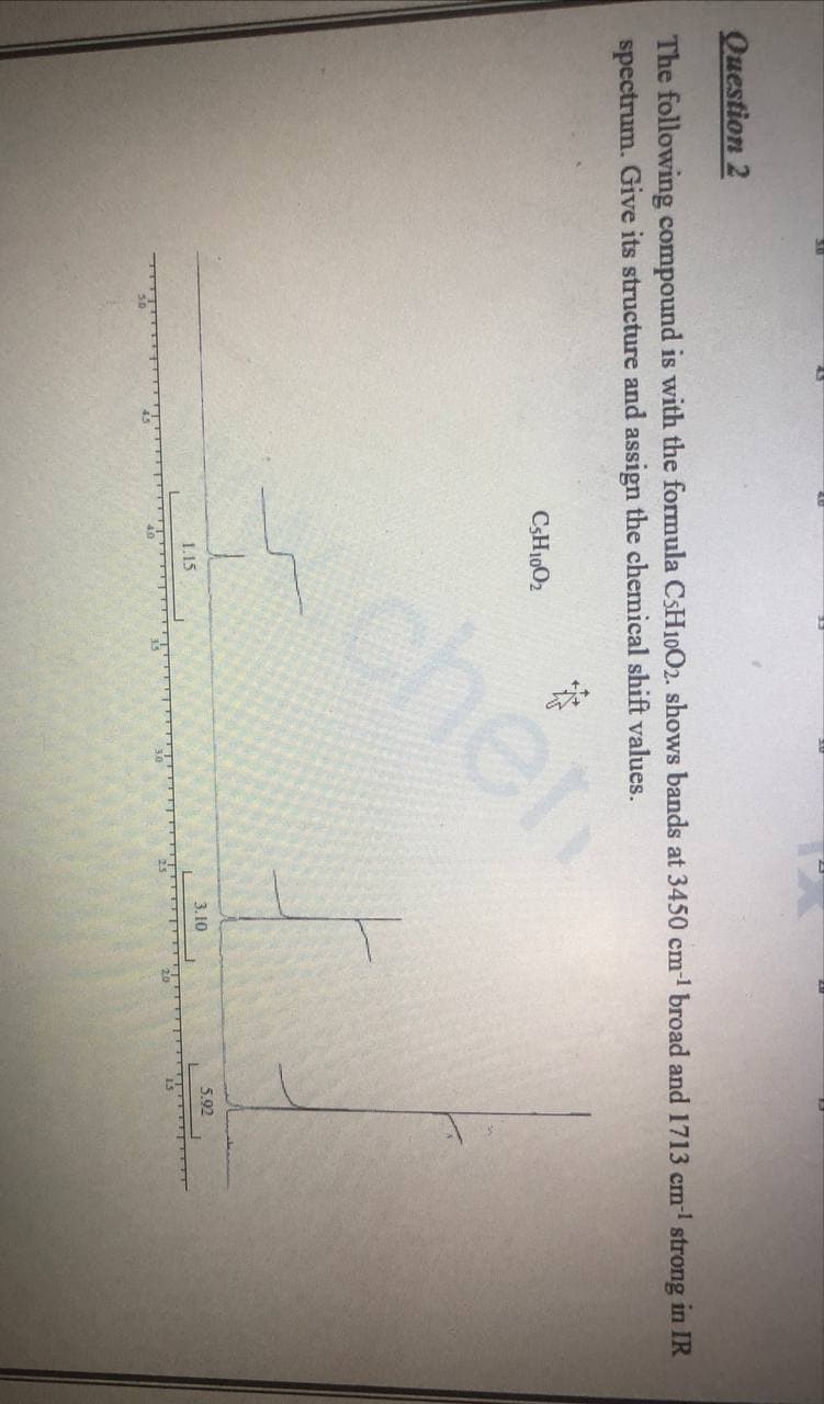 Question 2
The following compound is with the formula CSH10O2. shows bands at 3450 cm-1 broad and 1713 cm- strong in IR
spectrum. Give its structure and assign the chemical shift values.
CŞH1002
chén
1.15
3.10
5.92
