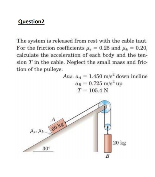 Question2
The system is released from rest with the cable taut.
For the friction coefficients u, = 0.25 and u = 0.20,
calculate the acceleration of each body and the ten-
sion T in the cable. Neglect the small mass and fric-
tion of the pulleys.
Ans. aa = 1.450 m/s down incline
ag = 0.725 m/s² up
T = 105.4 N
A
60 kg
20 kg
30°
B
