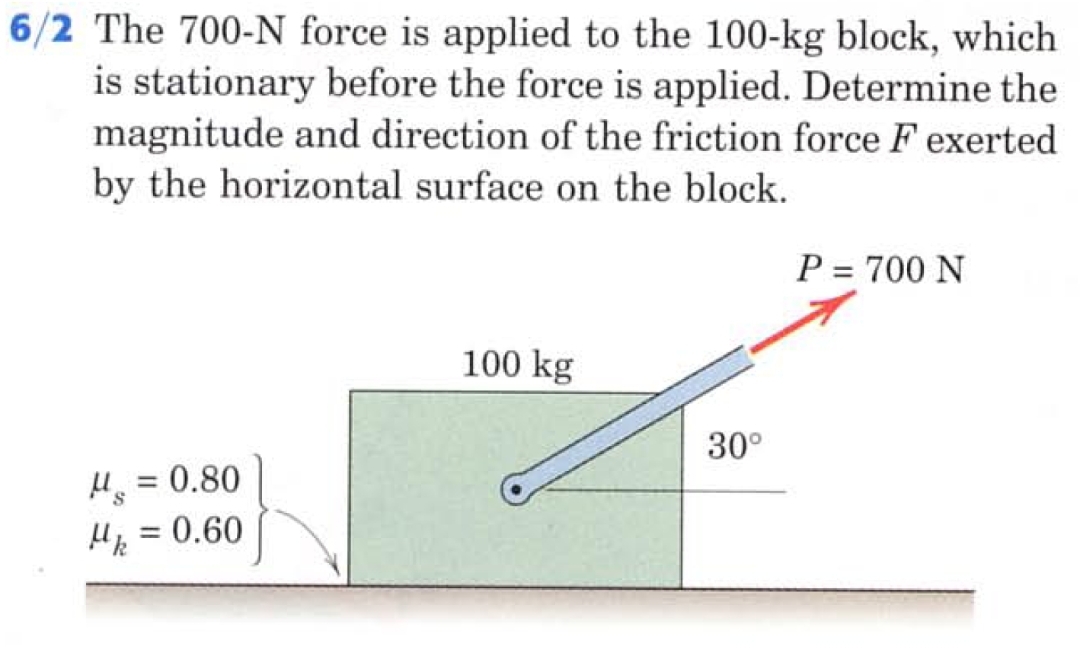 6/2 The 700-N force is applied to the 100-kg block, which
is stationary before the force is applied. Determine the
magnitude and direction of the friction force F exerted
by the horizontal surface on the block.
P = 700 N
100 kg
30°
H = 0.80
Hp = 0.60
%3D
%3D
