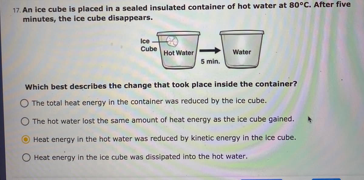 17. An ice cube is placed in a sealed insulated container of hot water at 80°C. After five
minutes, the ice cube disappears.
Ice
Cube
Heat ener
Hot Water
5 min.
Water
Which best describes the change that took place inside the container?
The total heat energy in the container was reduced by the ice cube.
The hot water lost the same amount of heat energy as the ice cube gained.
in the hot water was reduced by kinetic energy in the ice cube.
O Heat energy in the ice cube was dissipated into the hot water.