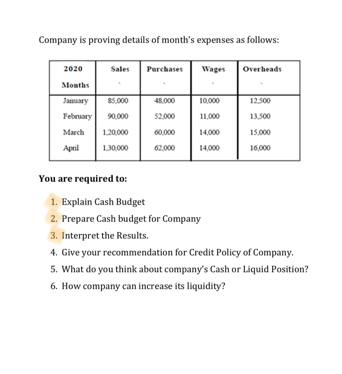 Company is proving details of month's expenses as follows:
2020
Sales
Purchases
Wages
Overheads
Months
January
85,000
48,000
10,000
12,500
February
90,000
52,000
11,000
13,500
March
1,20,000
60,000
14,000
15,000
Аpnil
1,30,000
62,000
14,000
16,000
You are required to:
1. Explain Cash Budget
2. Prepare Cash budget for Company
3. Interpret the Results.
4. Give your recommendation for Credit Policy of Company.
5. What do you think about company's Cash or Liquid Position?
6. How company can increase its liquidity?
