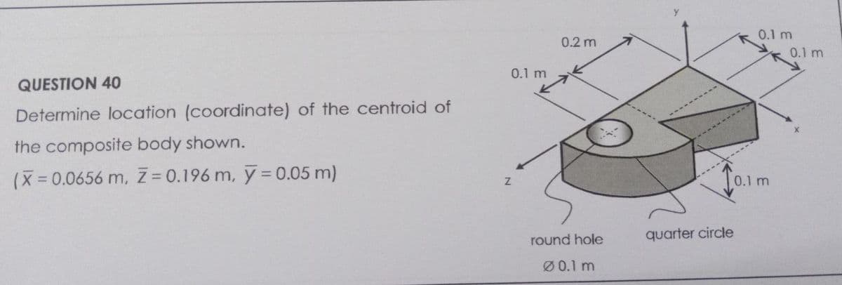 QUESTION 40
Determine location (coordinate) of the centroid of
the composite body shown.
(X = 0.0656 m, Z=0.196 m, y = 0.05 m)
0.1 m
Z
0.2 m
round hole
Ø 0.1 m
0.1 m
10.1m
quarter circle
0.1 m