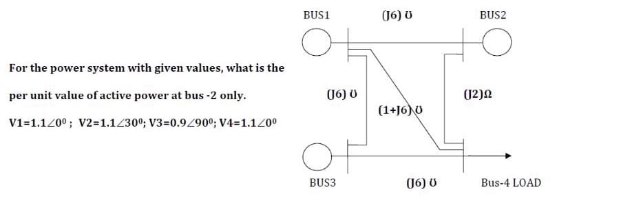 BUS1
(16) U
BUS2
For the power system with given values, what is the
per unit value of active power at bus -2 only.
(16) U
(12)N
(1+J6) U
V1=1.1200; V2=1.1230°; V3=0.9290°; V4=1.1200
OF
BUS3
(16) U
Bus-4 LOAD
