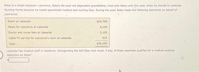 Reba is a single taxpayer. Lawrence, Reba's 84-year-old dependent grandfather, lived with Reba until this year, when he moved to Lakeside
Nursing Home because he needs specialized medical and nursing care. During the year, Reba made the following payments on behalf of
Lawrence:
Room at Lakeside
Meals for Lawrence at Lakeside
Doctor and nurse fees at Lakeside
Cable TV service for Lawrence's room at Lakeside
Total
$20,700
4,140
3,105
414
$28,359
Lakeside has medical staff in residence. Disregarding the AGI floor, how much, if any, of these expenses qualifies for a medical expense
deduction by Reba?