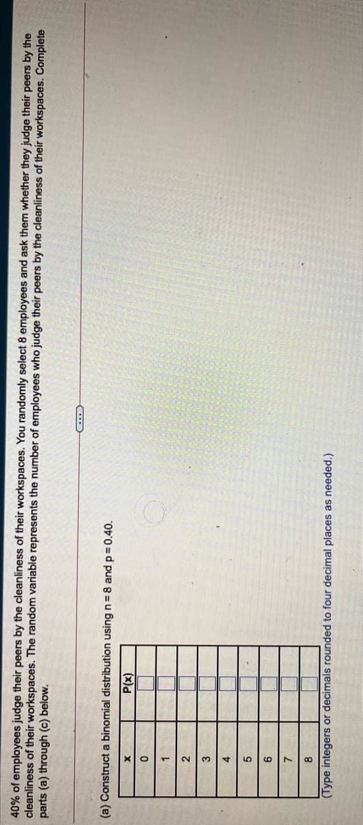 40% of employees judge their peers by the cleanliness of their workspaces. You randomly select 8 employees and ask them whether they judge their peers by the
cleanliness of their workspaces. The random variable represents the number of employees who judge their peers by the cleanliness of their workspaces. Complete
parts (a) through (c) below.
(a) Construct a binomial distribution using n = 8 and p= 0.40.
P(x)
2.
5.
9.
7.
(Type integers or decimals rounded to four decimal places as needed.)
