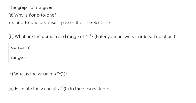 The graph of fis given.
(a) Why is fone-to-one?
fis one-to-one because it passes the ---Select--- ?
(b) What are the domain and range of f1? (Enter your answers in interval notation.)
domain?
range ?
(c) What is the value of f-¹(1)?
(d) Estimate the value of f¹(0) to the nearest tenth.